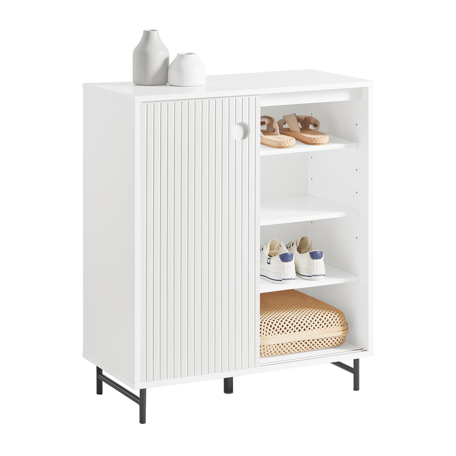 SoBuy FSB62-W Armadio per Scarpe con Ante Scorrevoli, Mobile da Cucina Salvaspazio in Legno con Gambe in Bambù, Design Elegante, Bianco, 70x37x87cm