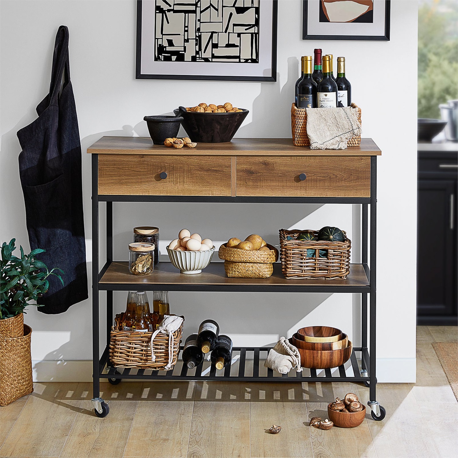 SoBuy FKW112-PF Carrello da Cucina con 2 Cassetti e 4 Rotoli, Credenza da Corridoio in MDF e Metallo