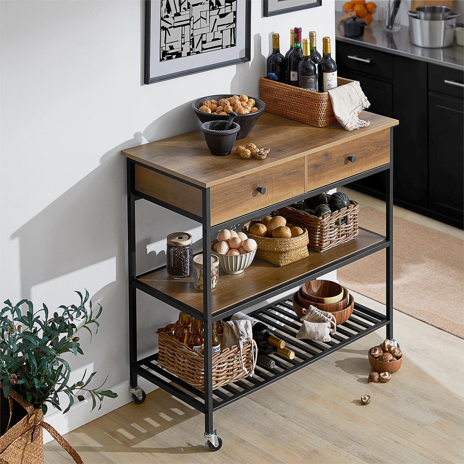 SoBuy FKW112-PF Carrello da Cucina con 2 Cassetti e 4 Rotoli, Credenza da Corridoio in MDF e Metallo