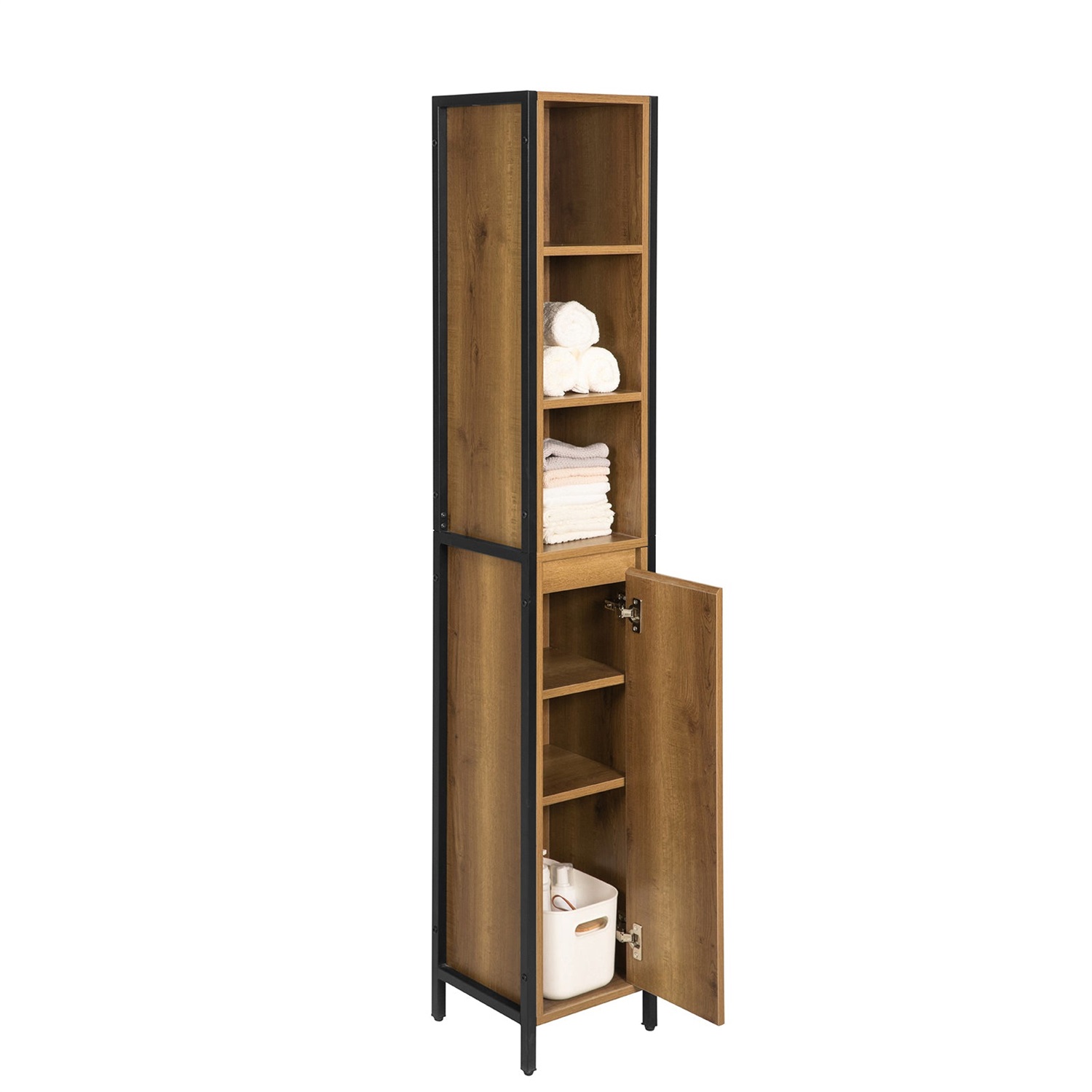 SoBuy BZR62-PF Mobiletto Alto da Bagno Vintage con 3 Scomparti Aperti e 1 Anta - Salvaspazio 30x168x28 cm