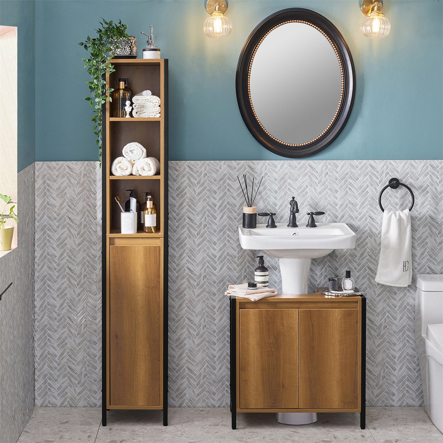 SoBuy BZR62-PF Mobiletto Alto da Bagno Vintage con 3 Scomparti Aperti e 1 Anta - Salvaspazio 30x168x28 cm