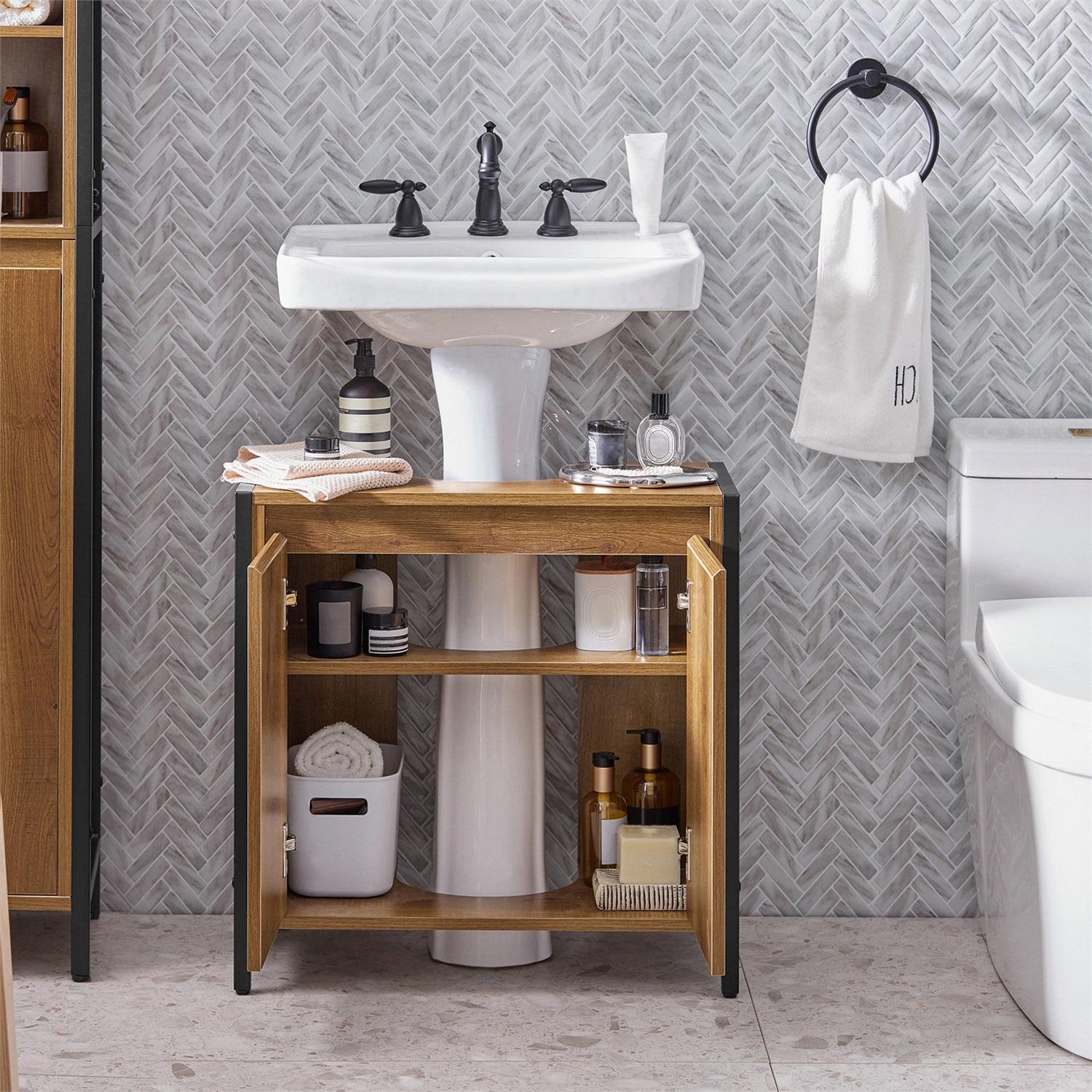 SoBuy Mobiletto Sottolavabo da Bagno in Legno BZR63-II-PF con 2 Ante e Ripiano, 60x30x60 cm