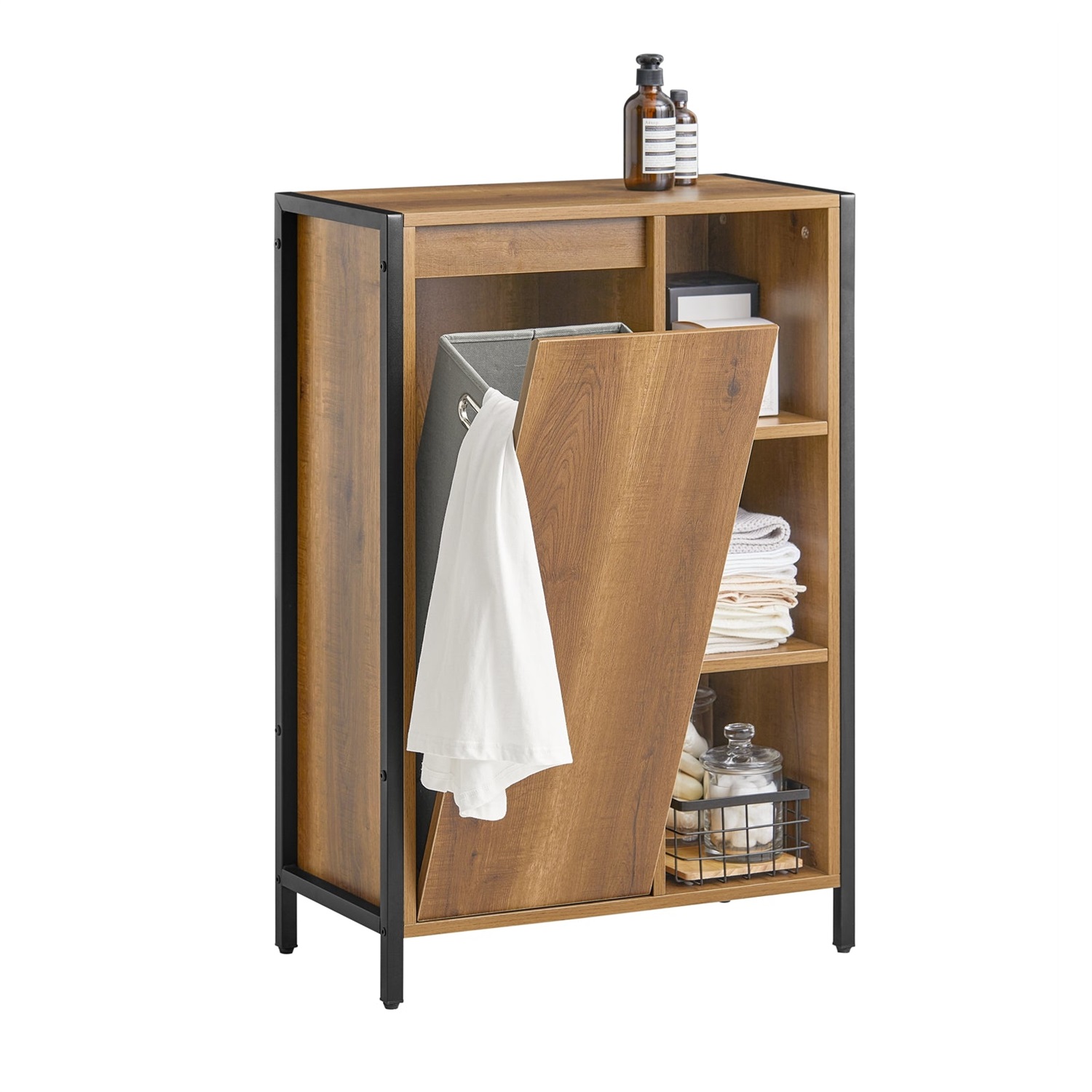 SoBuy BZR65-PF Mobiletto Bagno Salvaspazio con Portabiancheria, Cesto Estraibile e Ripiani Aperti - 60x30x90 cm
