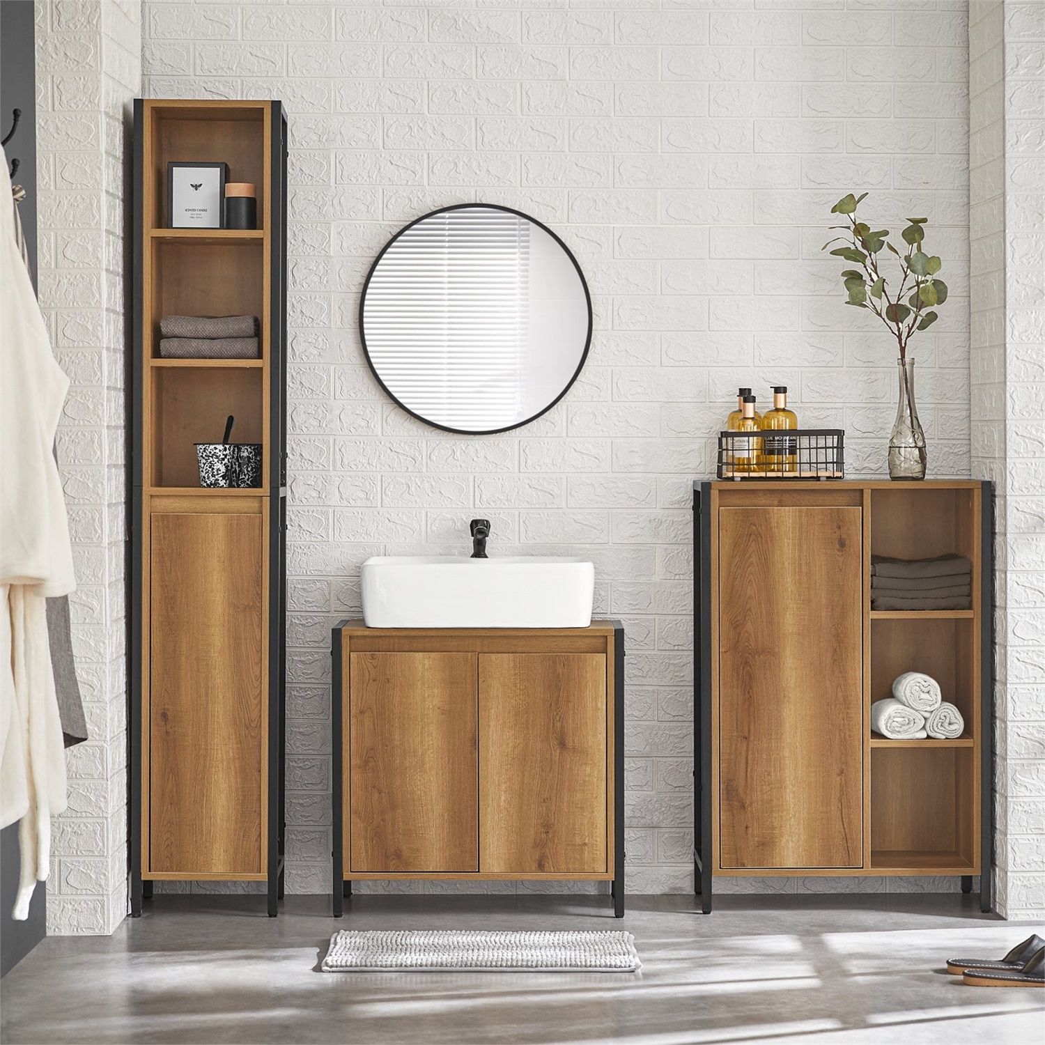 SoBuy BZR65-PF Mobiletto Bagno Salvaspazio con Portabiancheria, Cesto Estraibile e Ripiani Aperti - 60x30x90 cm
