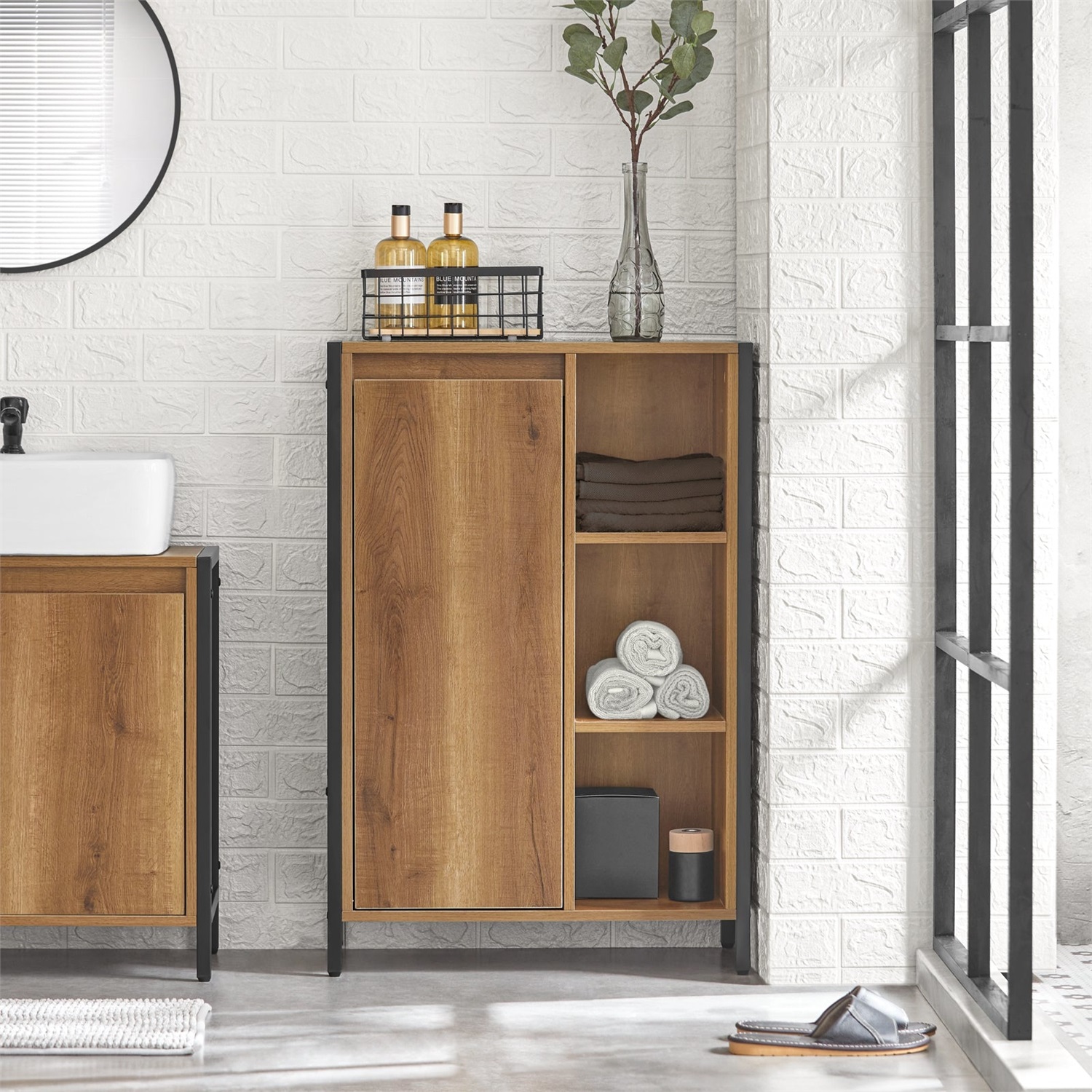 SoBuy BZR65-PF Mobiletto Bagno Salvaspazio con Portabiancheria, Cesto Estraibile e Ripiani Aperti - 60x30x90 cm