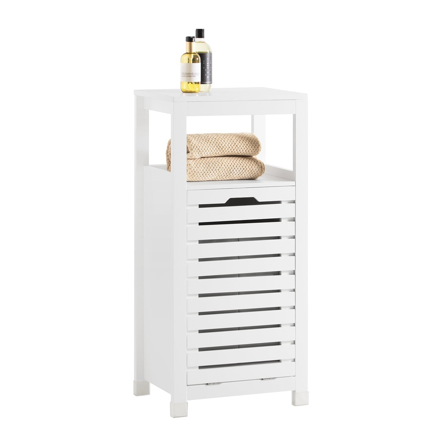 SoBuy Mobiletto da Bagno BZR67-W con Cesto Pieghevole per Biancheria - Armadio Salvaspazio in Legno Bianco, 42 x 90 x 30 cm