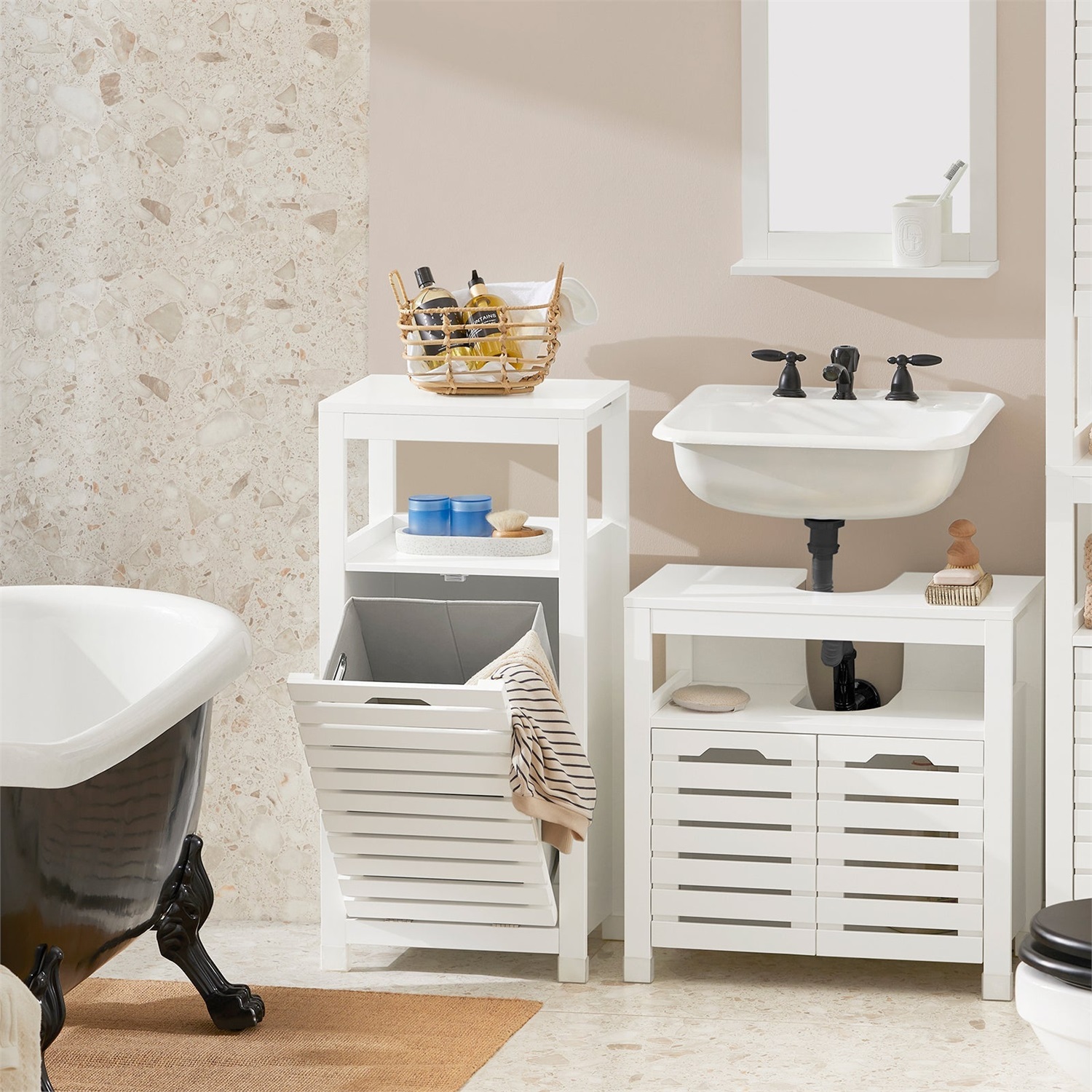 SoBuy Mobiletto da Bagno BZR67-W con Cesto Pieghevole per Biancheria - Armadio Salvaspazio in Legno Bianco, 42 x 90 x 30 cm