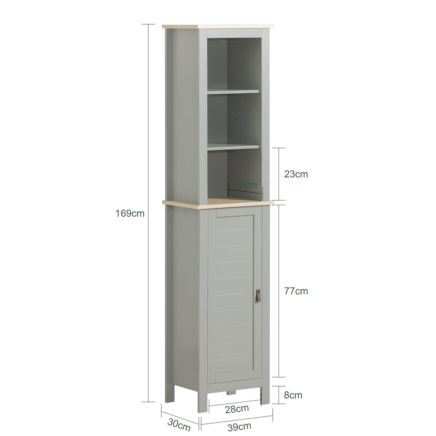 SoBuy BZR68-HG Mobiletto alto per bagno salvaspazio con 3 scomparti aperti e 1 anta - Grigio chiaro, 39x30x169 cm