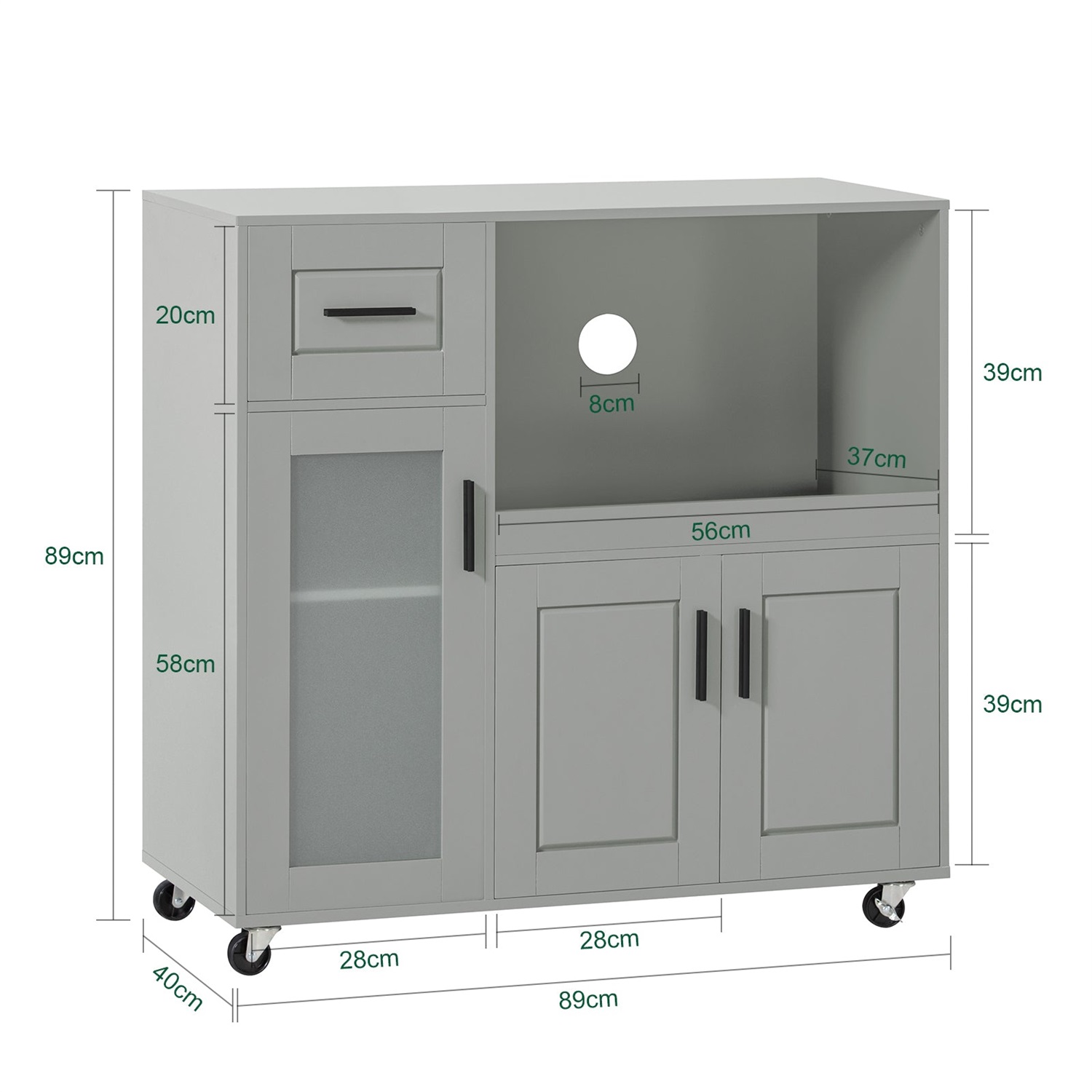 SoBuy Carrello da Cucina con Ruote, Isola Cucina in MDF Grigio, Supporto per Microonde, 88,5 x 40 x 89 cm