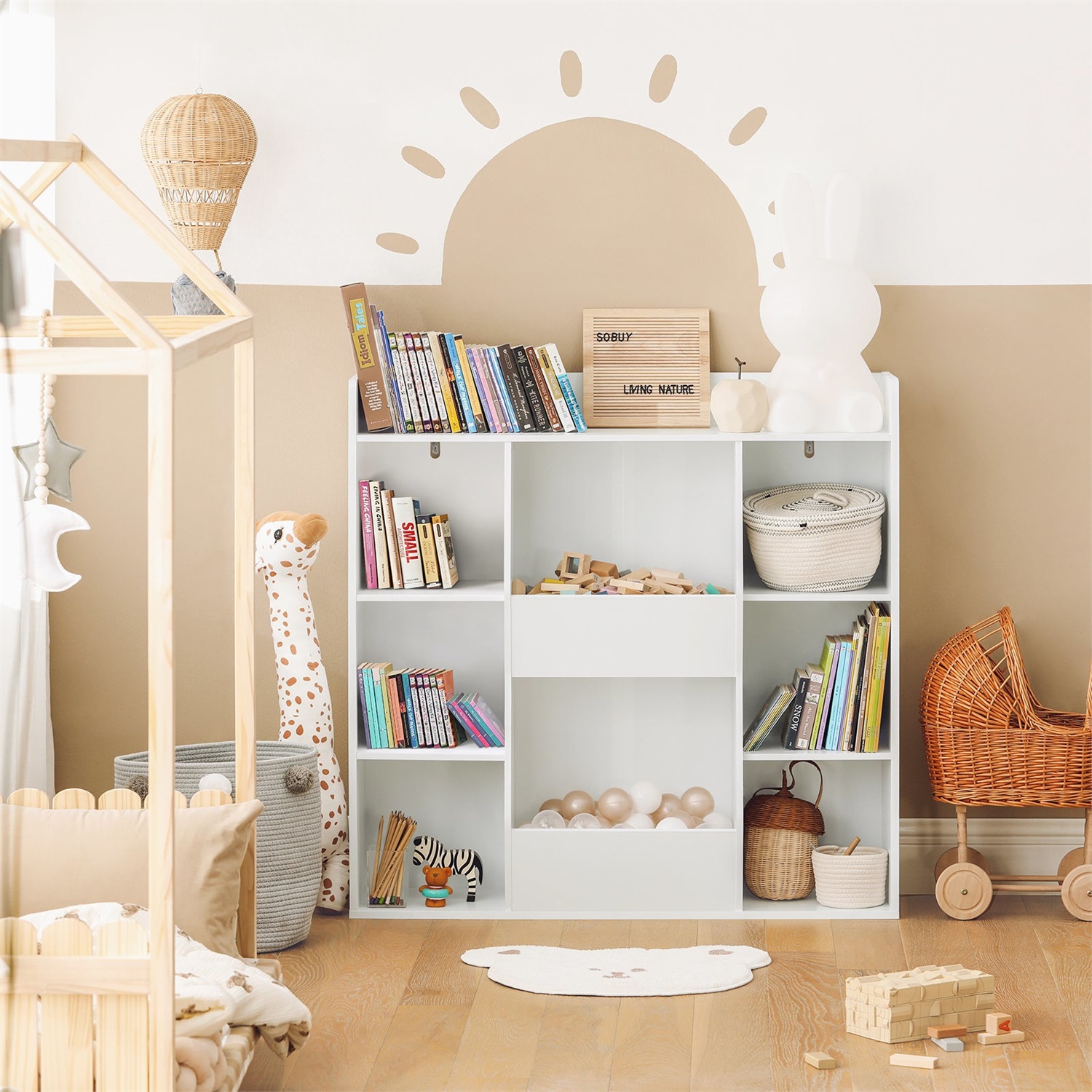 SoBuy Libreria Montessoriana per Bambini - Scaffale Portagiochi con 8 Scomparti Aperti, Dimensioni 106x30x104 cm, Bianco