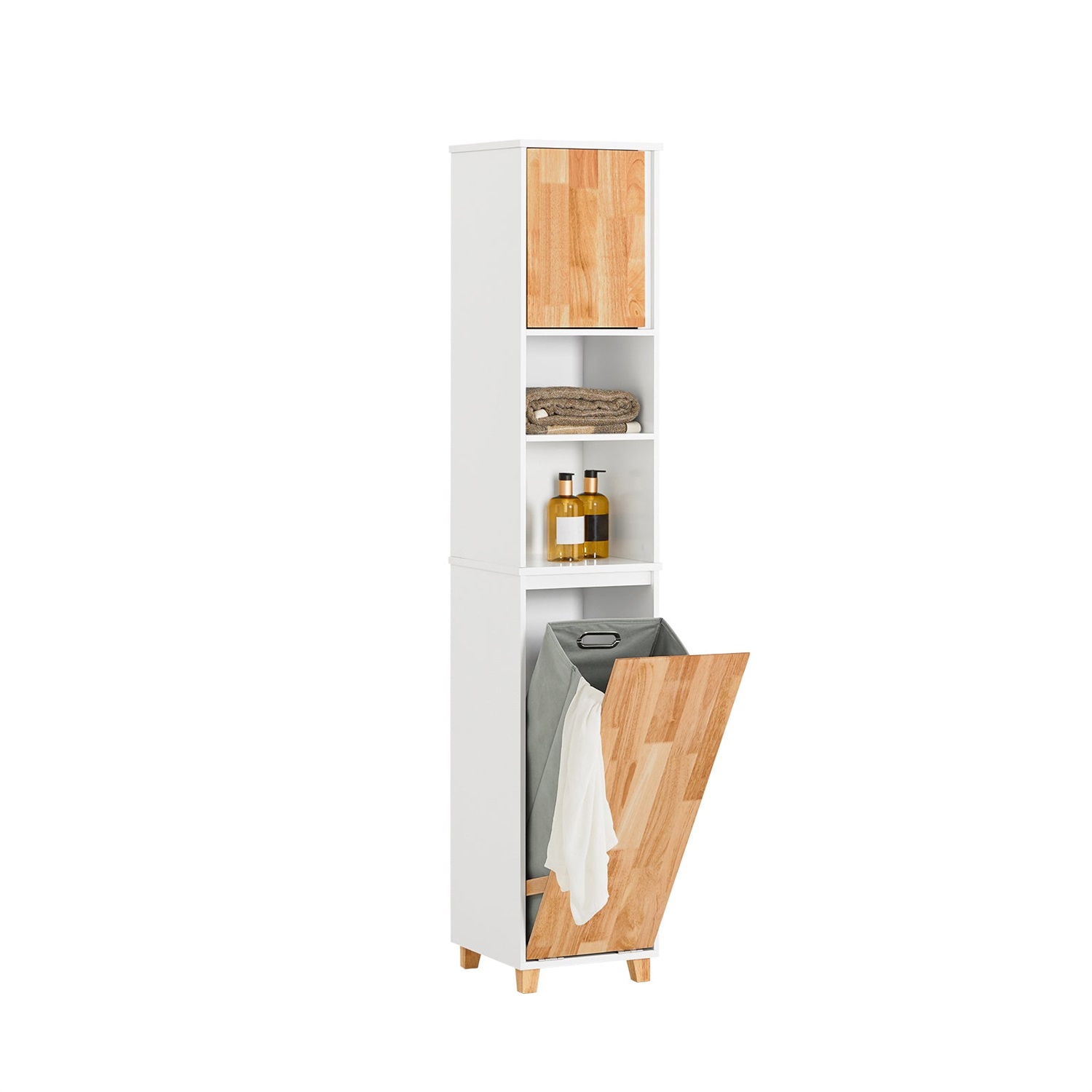 SoBuy BZR74-W Armadio Alto da Bagno con Cesto Portabiancheria Pieghevole, Mobile Salvaspazio in Legno Bianco