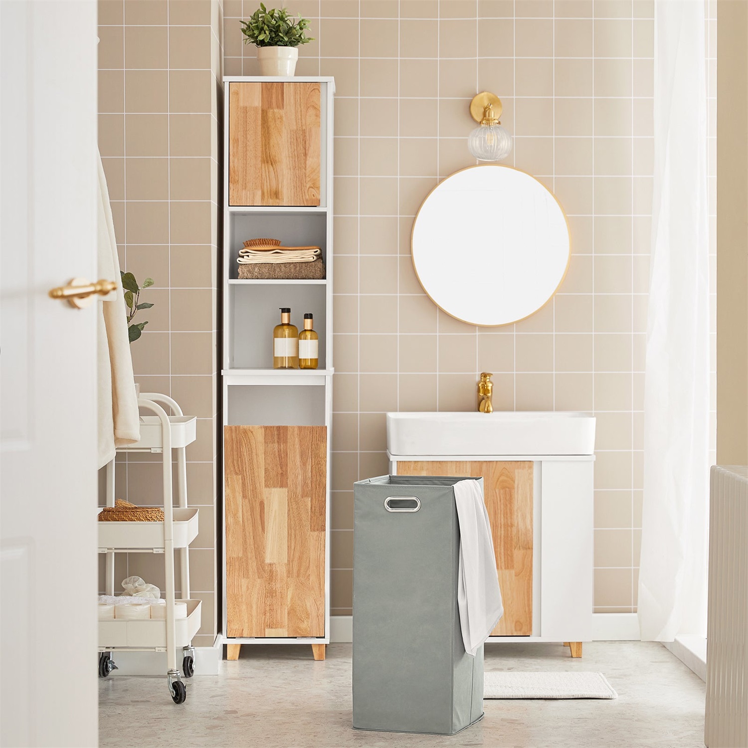 SoBuy BZR74-W Armadio Alto da Bagno con Cesto Portabiancheria Pieghevole, Mobile Salvaspazio in Legno Bianco
