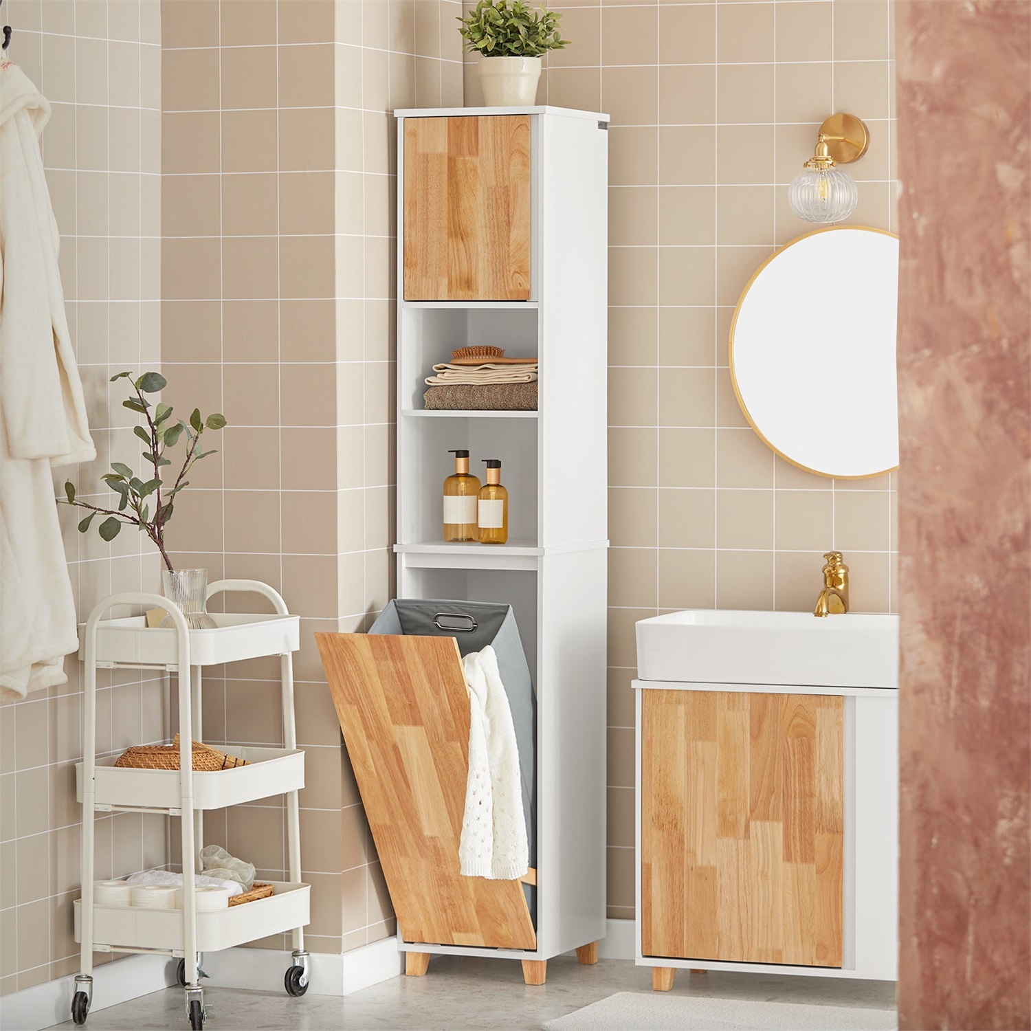 SoBuy BZR74-W Armadio Alto da Bagno con Cesto Portabiancheria Pieghevole, Mobile Salvaspazio in Legno Bianco