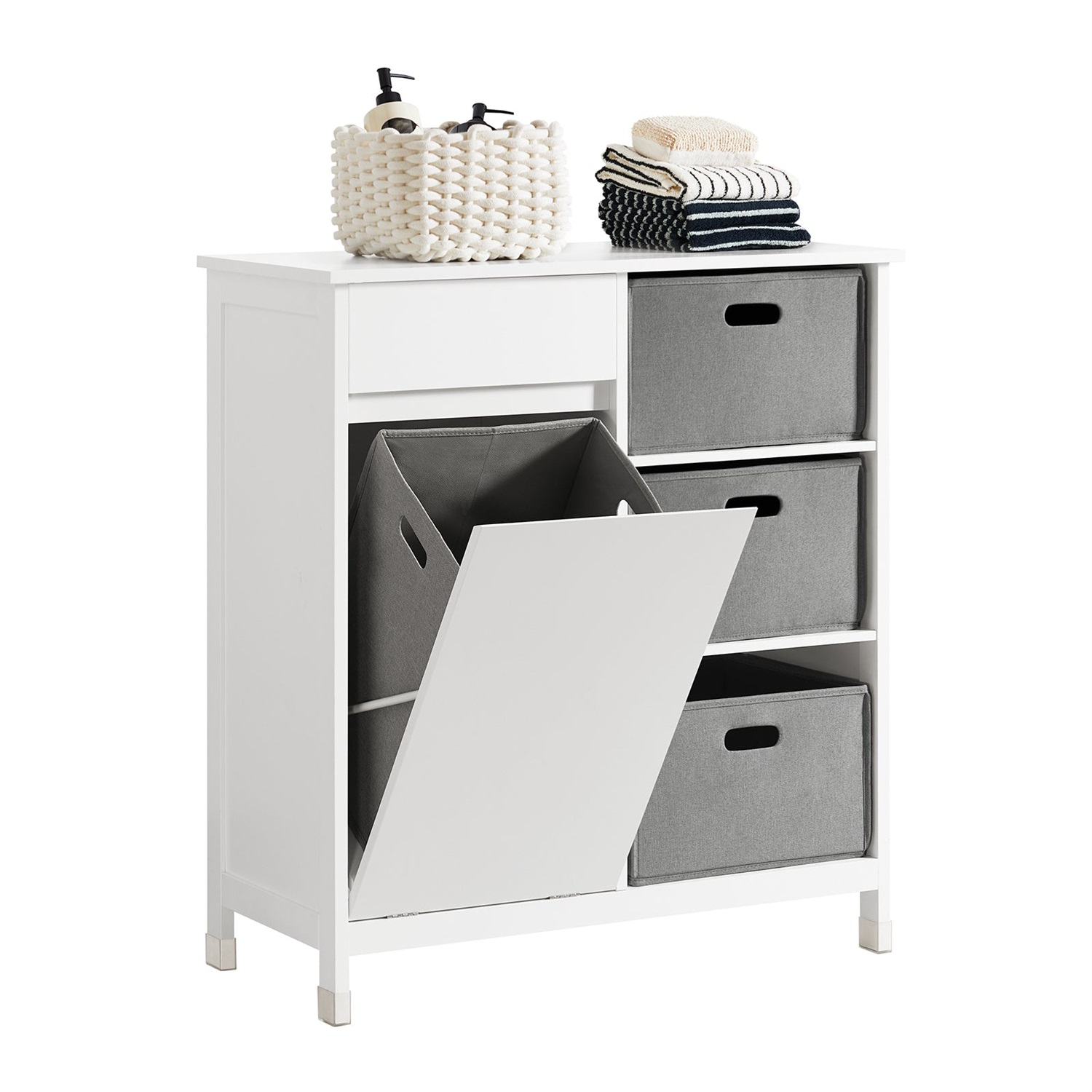 SoBuy BZR77-W Armadio per Bucato con Borse Ripiegabili, Mobile da Bagno Bianco 80x38x91cm