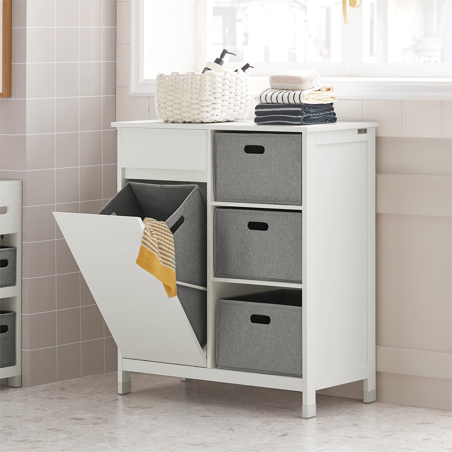 SoBuy BZR77-W Armadio per Bucato con Borse Ripiegabili, Mobile da Bagno Bianco 80x38x91cm
