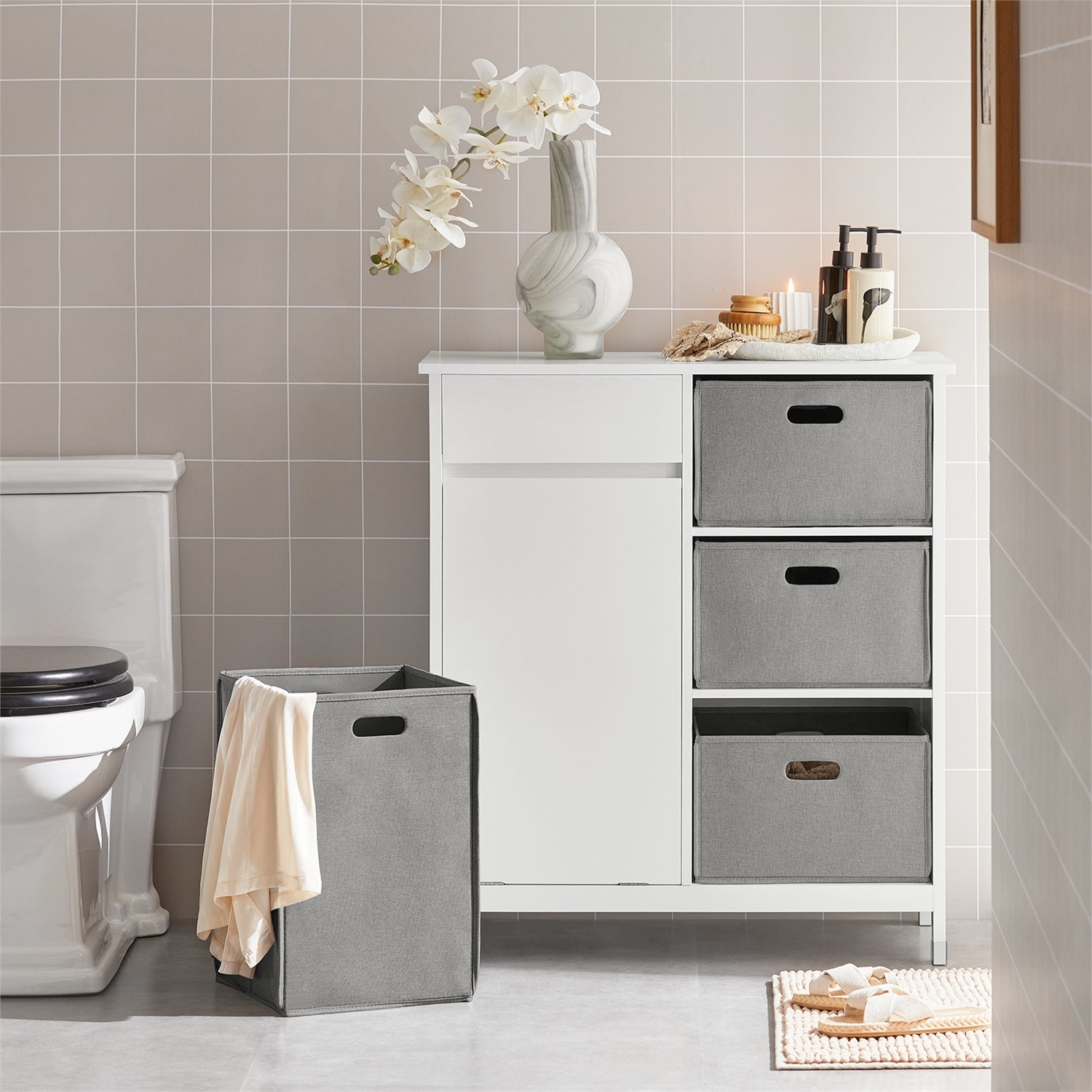 SoBuy BZR77-W Armadio per Bucato con Borse Ripiegabili, Mobile da Bagno Bianco 80x38x91cm