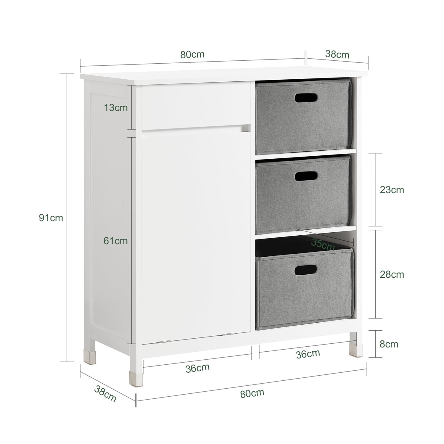 SoBuy BZR77-W Armadio per Bucato con Borse Ripiegabili, Mobile da Bagno Bianco 80x38x91cm