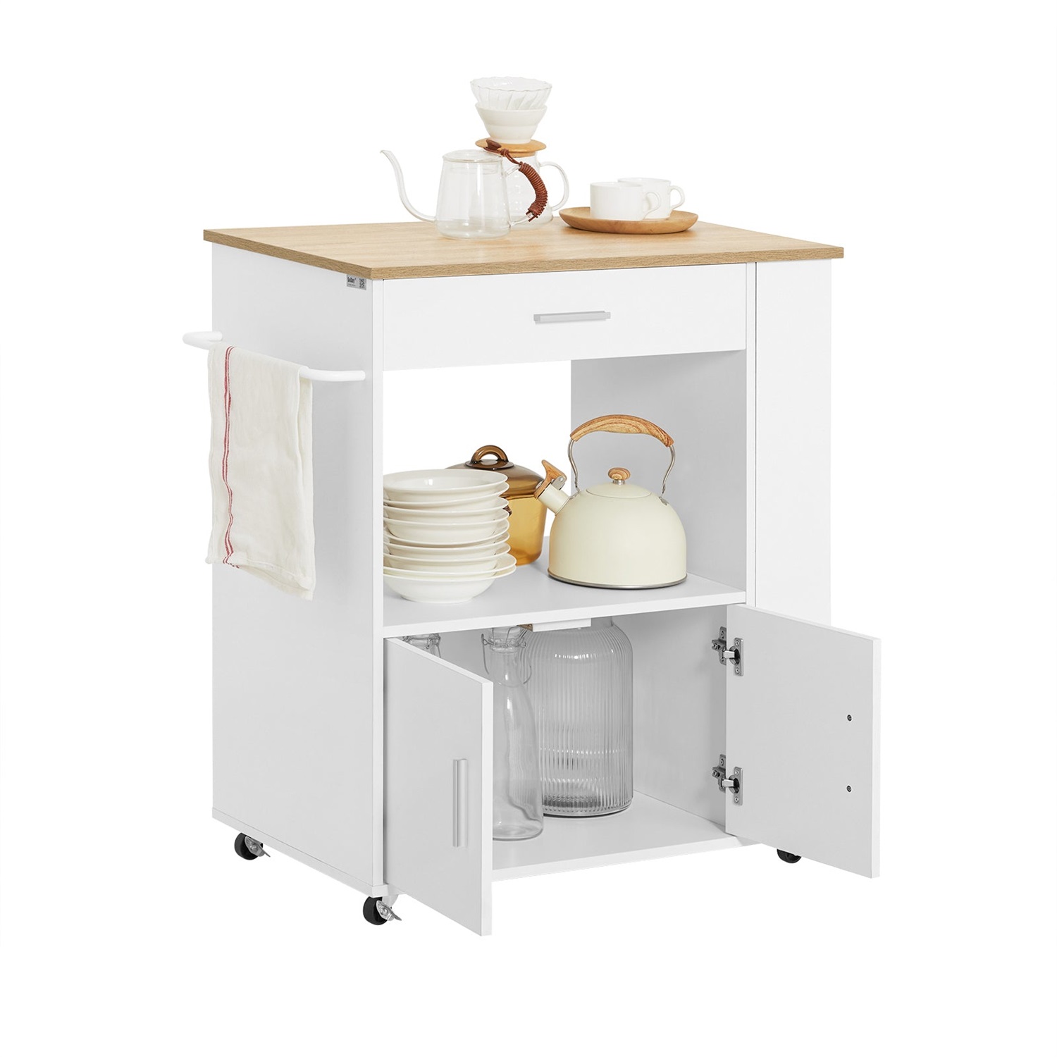 SoBuy Carrello da Cucina Salvaspazio con Ruote, Armadio a Microonde e Cassetto, Nero/Bianco