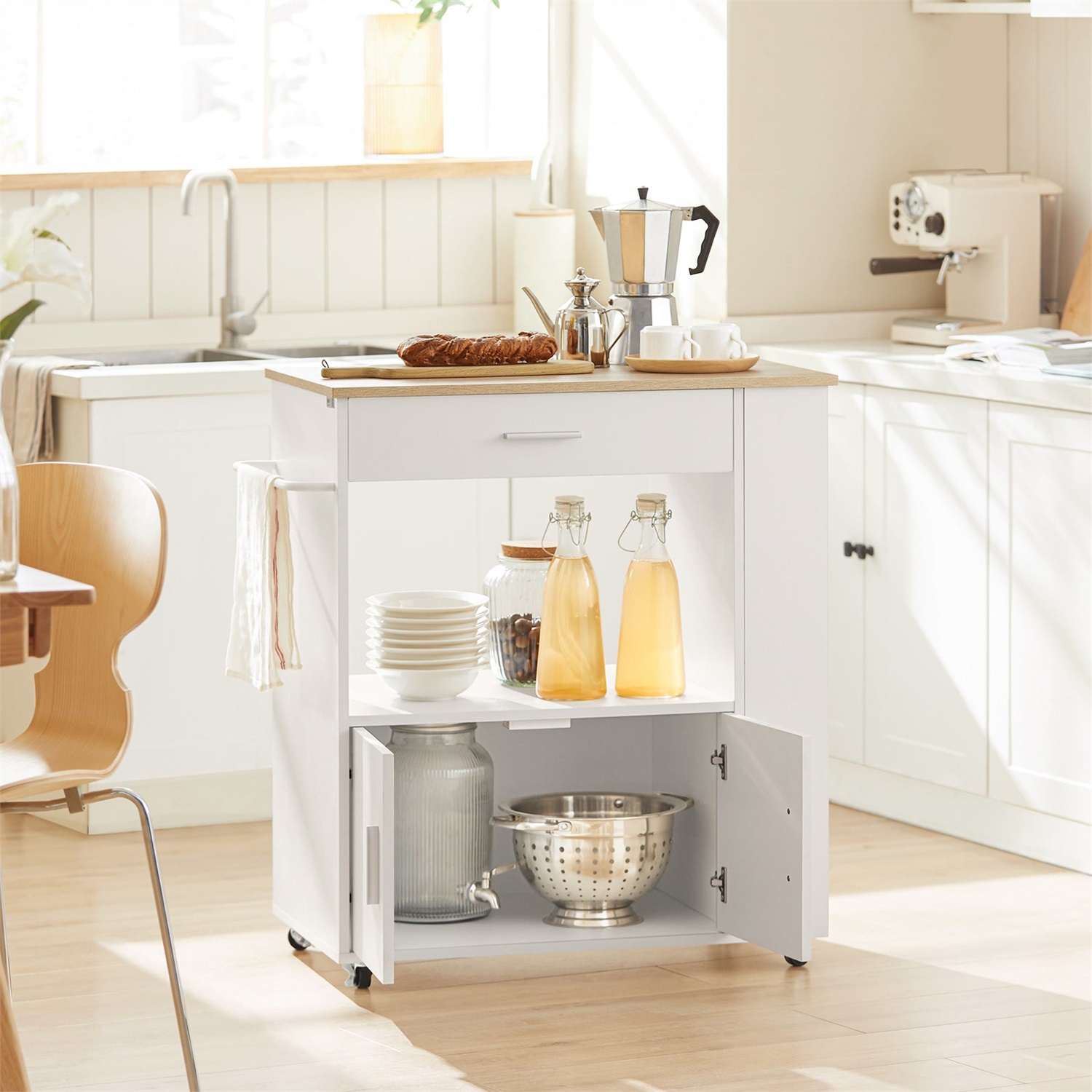 SoBuy Carrello da Cucina Salvaspazio con Ruote, Armadio a Microonde e Cassetto, Nero/Bianco