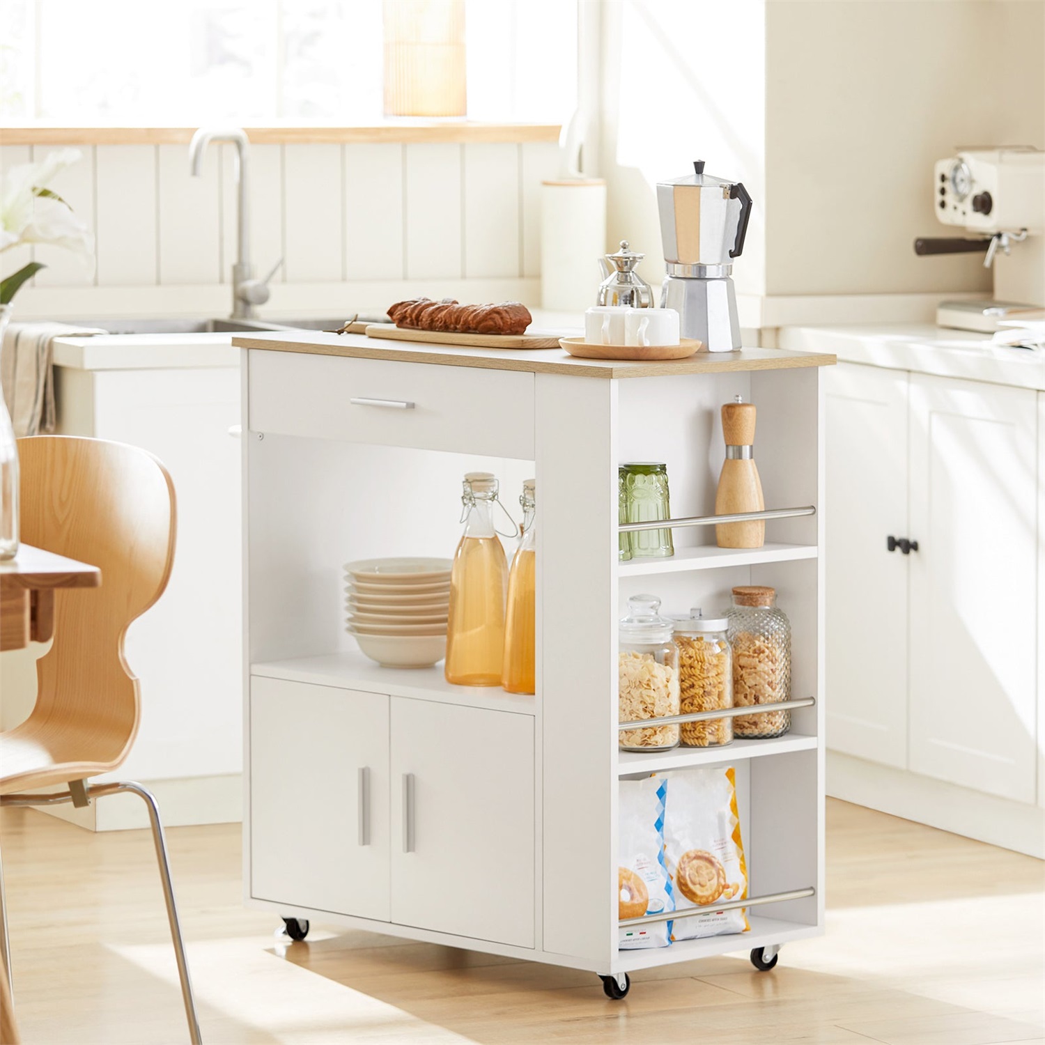 SoBuy Carrello da Cucina Salvaspazio con Ruote, Armadio a Microonde e Cassetto, Nero/Bianco