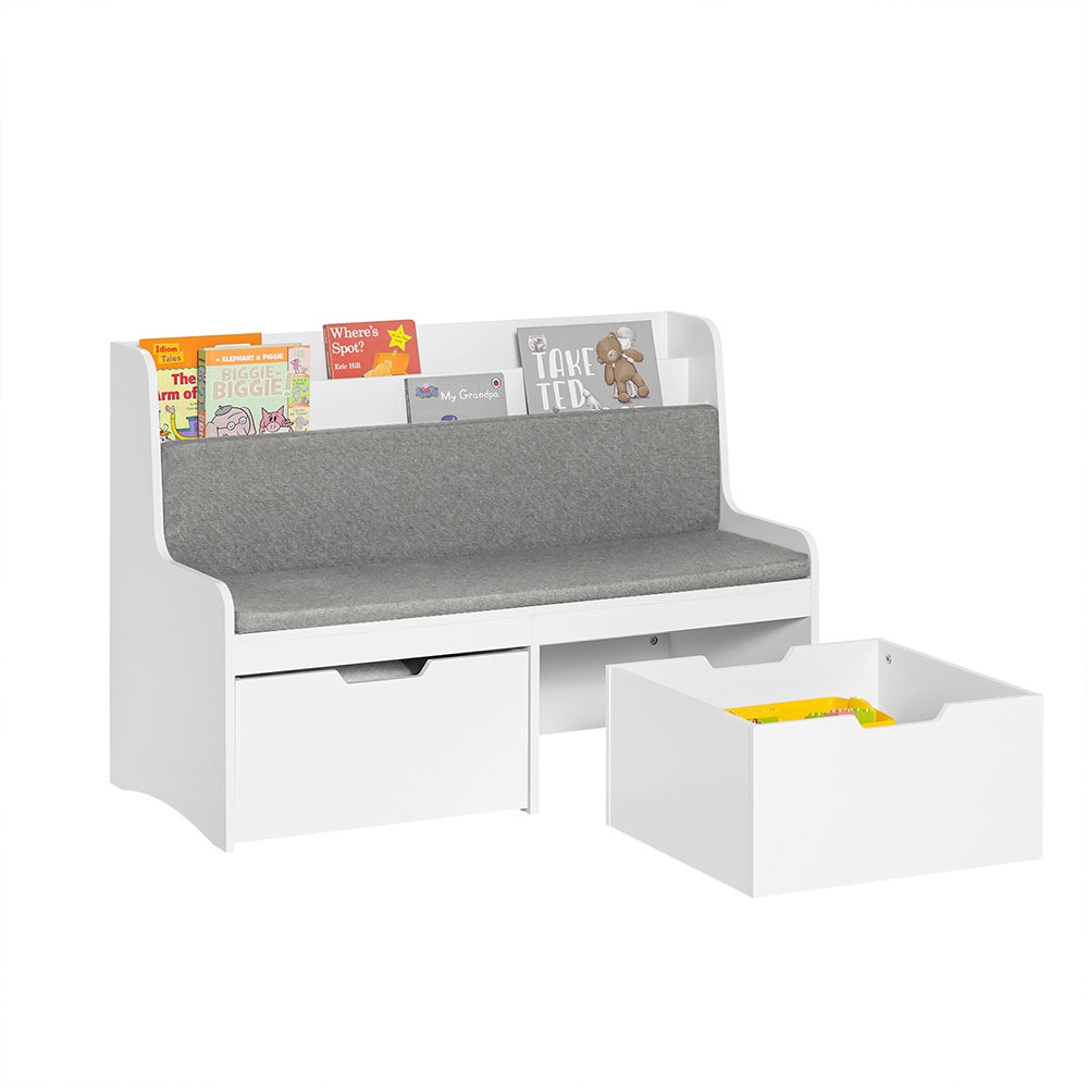 SoBuy KMB66-W Panca per Bambini con Libreria e Scatola Portaoggetti, Ruote e Cuscino Sedile - Bianco, 100x45x70 cm