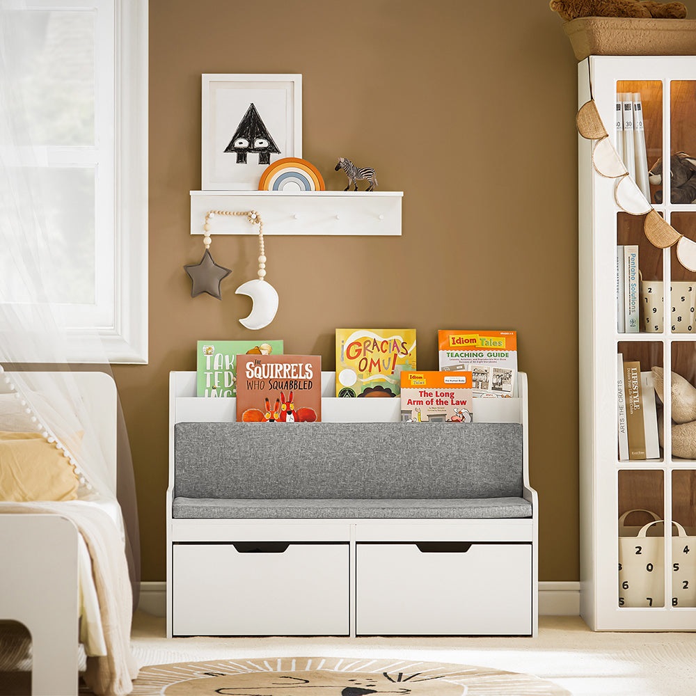 SoBuy KMB66-W Panca per Bambini con Libreria e Scatola Portaoggetti, Ruote e Cuscino Sedile - Bianco, 100x45x70 cm