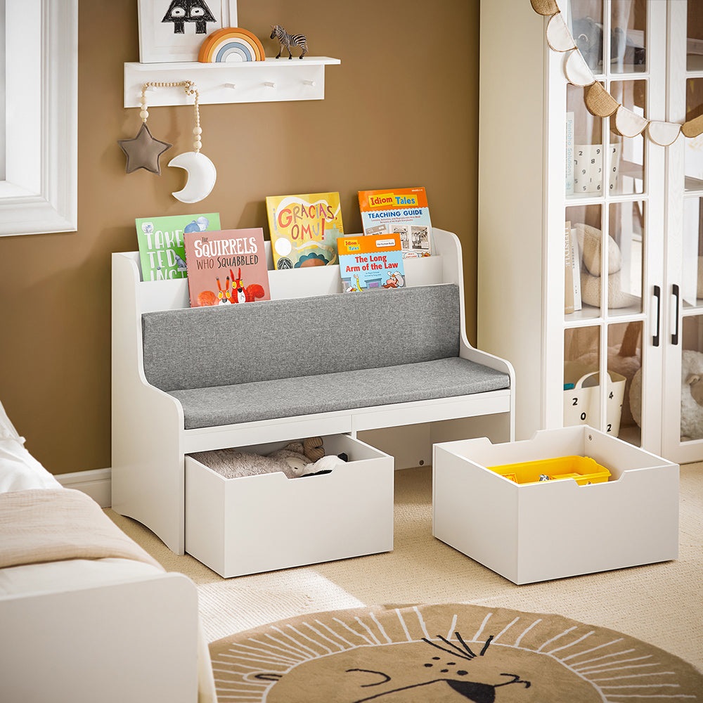 SoBuy KMB66-W Panca per Bambini con Libreria e Scatola Portaoggetti, Ruote e Cuscino Sedile - Bianco, 100x45x70 cm