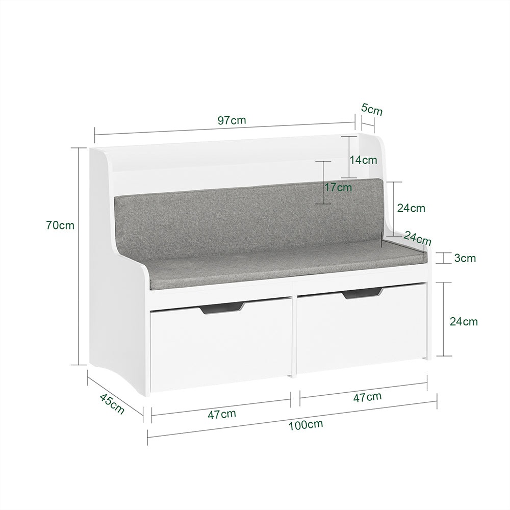SoBuy KMB66-W Panca per Bambini con Libreria e Scatola Portaoggetti, Ruote e Cuscino Sedile - Bianco, 100x45x70 cm