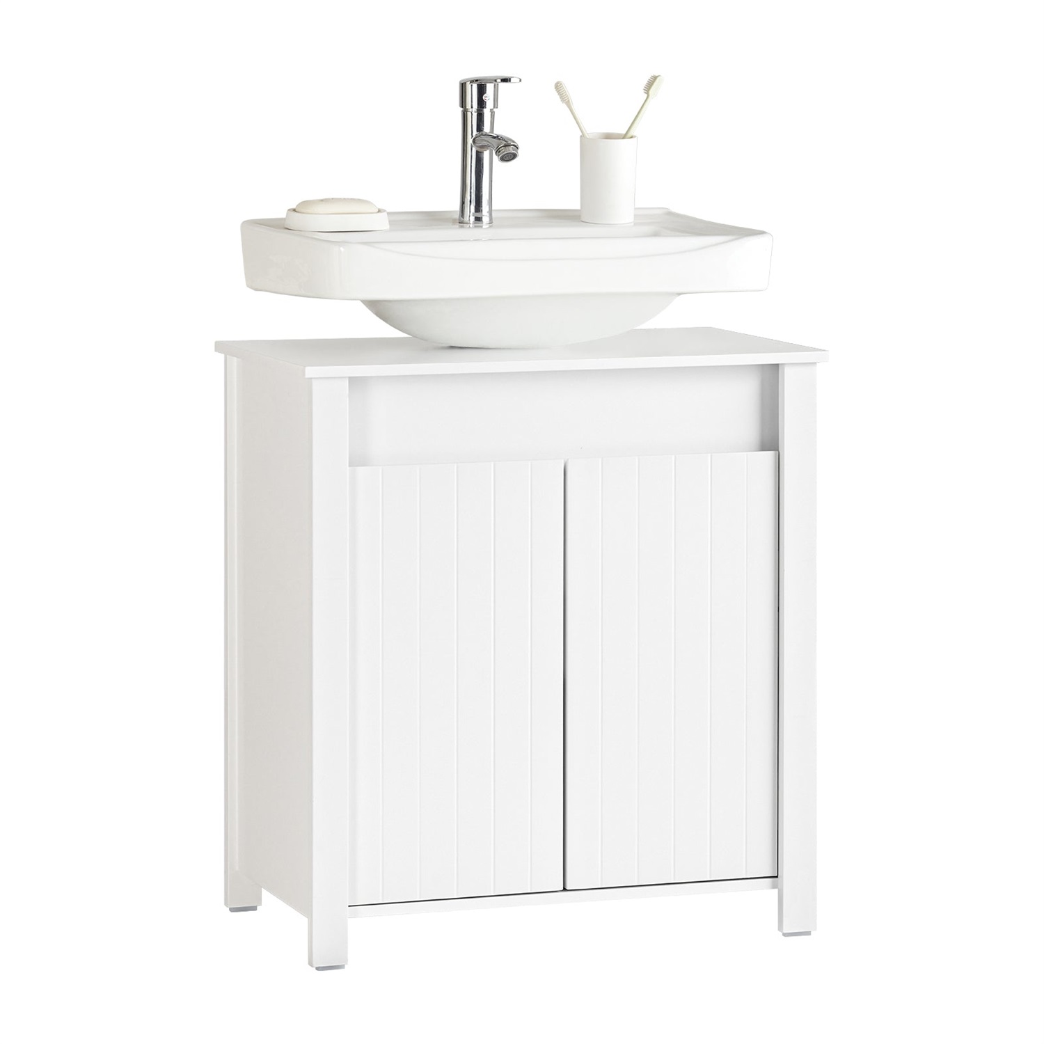 SoBuy BZR101-W Mobile Sottolavabo Bagno Salvaspazio Bianco con 2 Ante e Ripiano Regolabile, 60x65,5x34cm