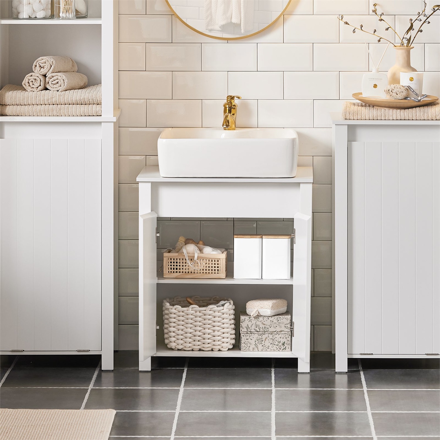SoBuy BZR101-W Mobile Sottolavabo Bagno Salvaspazio Bianco con 2 Ante e Ripiano Regolabile, 60x65,5x34cm