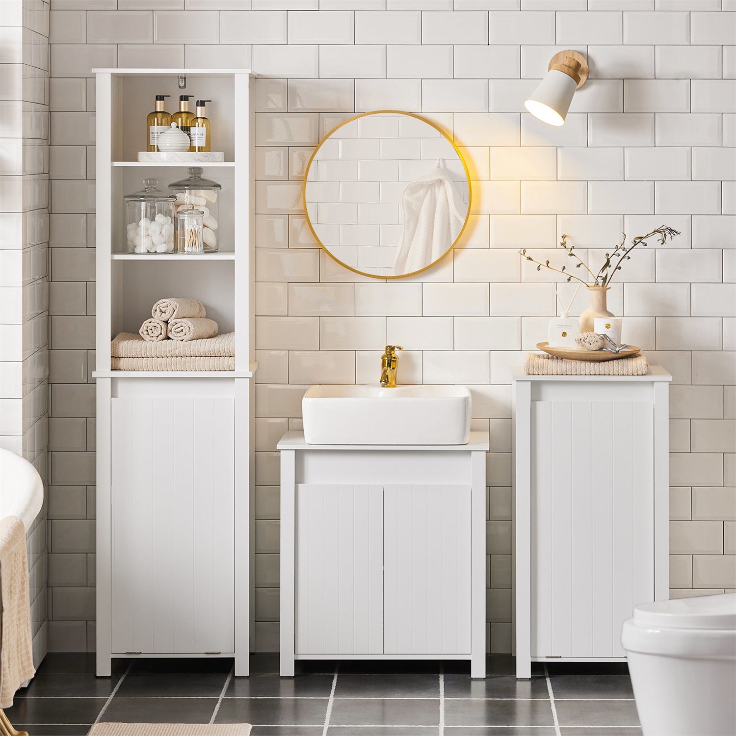 SoBuy BZR101-W Mobile Sottolavabo Bagno Salvaspazio Bianco con 2 Ante e Ripiano Regolabile, 60x65,5x34cm