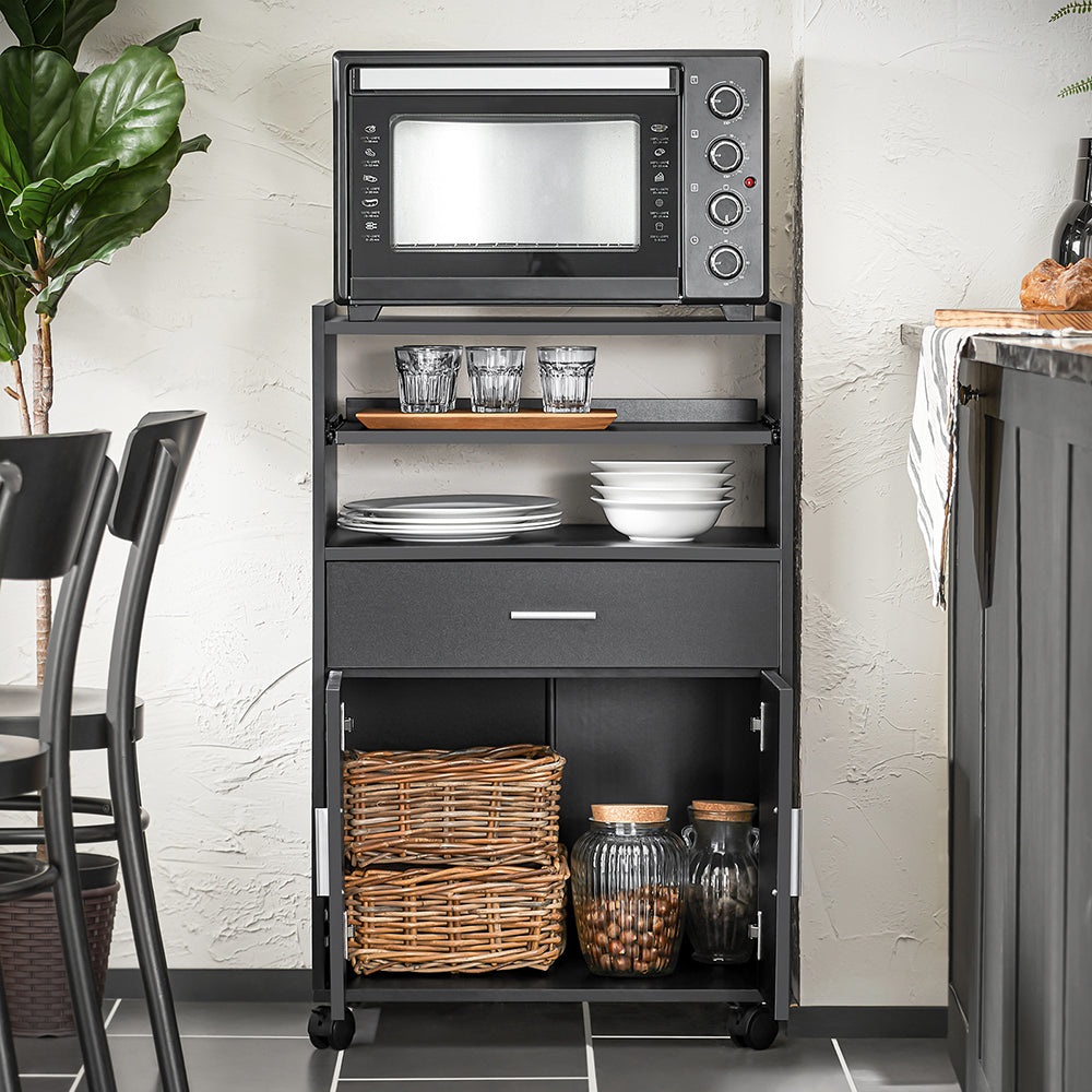SoBuy FSB09-SCH Carrello da Cucina con Ruote, Piano Estraibile, Cassetto e Ripiani - Mobiletto Salvaspazio Nero per Microonde