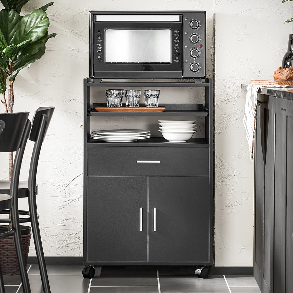 SoBuy FSB09-SCH Carrello da Cucina con Ruote, Piano Estraibile, Cassetto e Ripiani - Mobiletto Salvaspazio Nero per Microonde