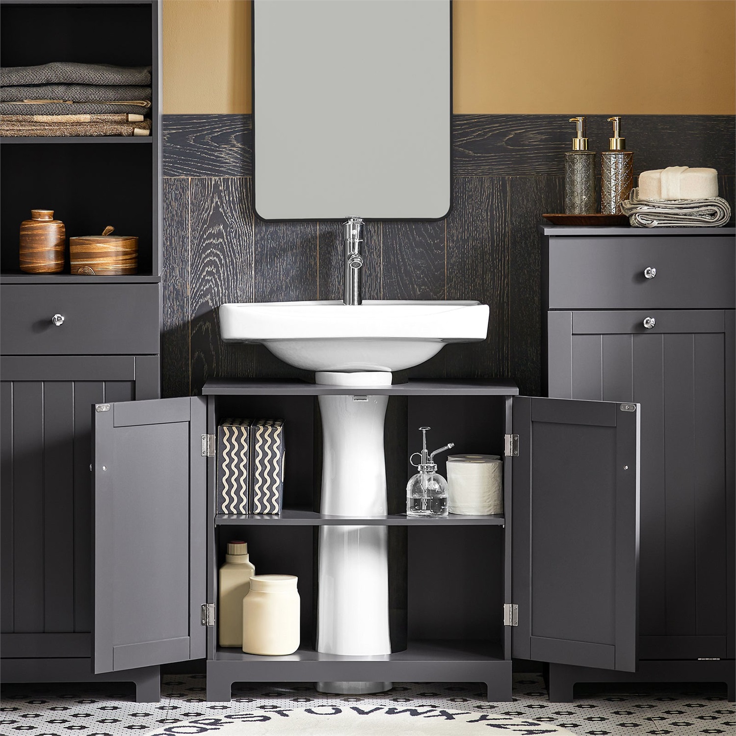 SoBuy BZR18-II Mobile Sottolavabo per Bagno - Armadio Vanità con Ripiano Regolabile e Doppia Anta, 60x60x30 cm, Grigio Scuro