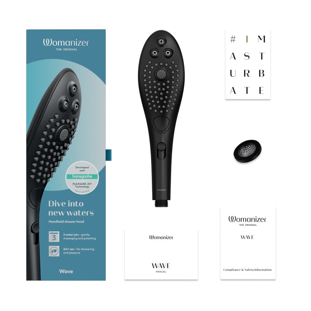 Womanizer Wave - Soffione doccia massaggiante 27 cm Nero con stimolatore clitorideo e testine massaggianti