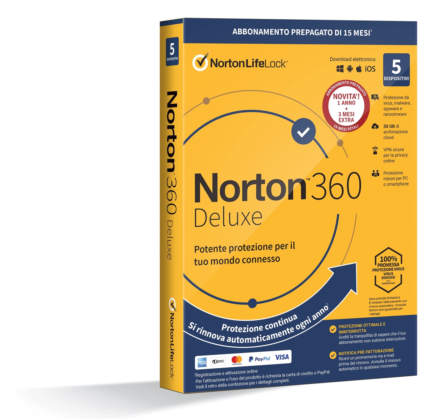 Norton 360 Deluxe 2025 - Sicurezza Antivirus Completa per 5 Dispositivi - 1 Anno - Include VPN e Password Manager