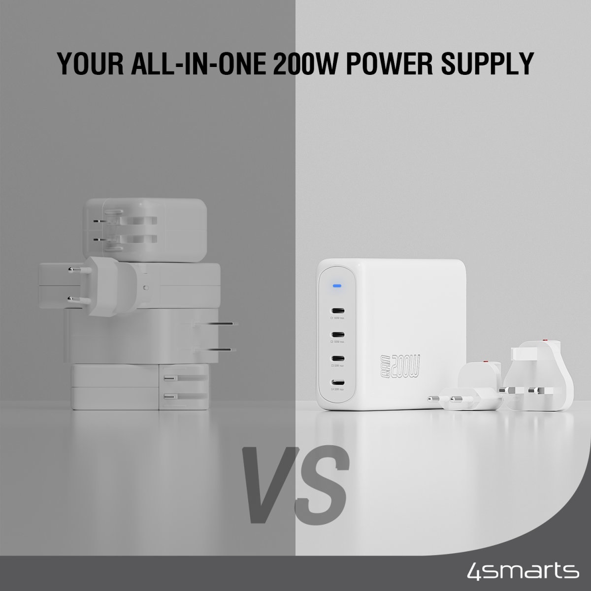 4smarts Flex Pro Caricabatterie da Tavolo 200W con 4x USB-C e Adattatore da Viaggio Universale