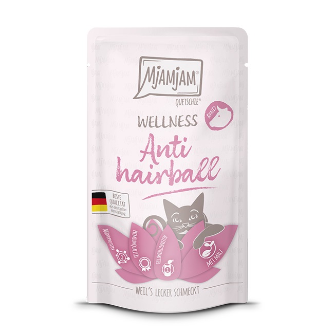 MjAMjAM Wellness Cibo Umido Anti Hairball per Gatti Adulti - Manzo - 12 Bustine da 125 gr