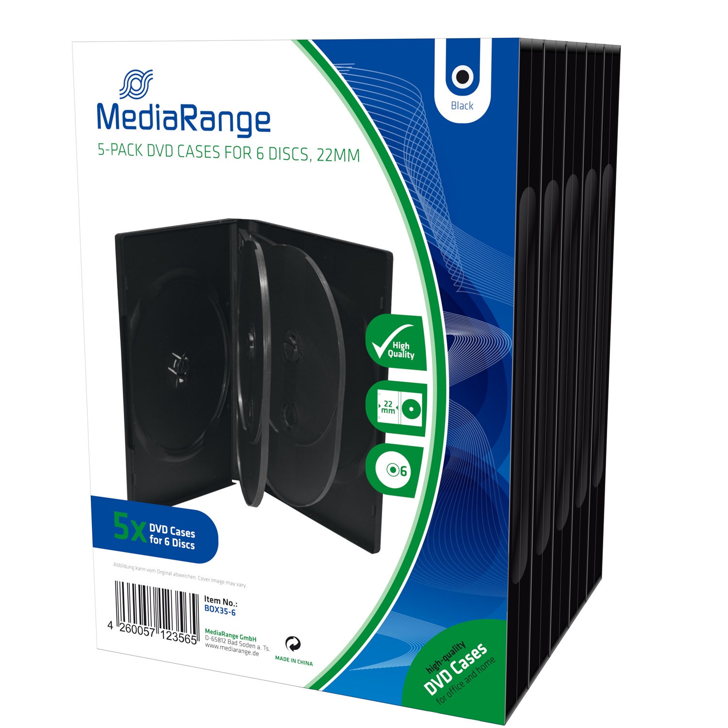 MediaRange BOX35-6 - Custodie per CD, DVD e Blu Ray da 6 posti con tasca trasparente, 22mm, Nero, confezione da 5