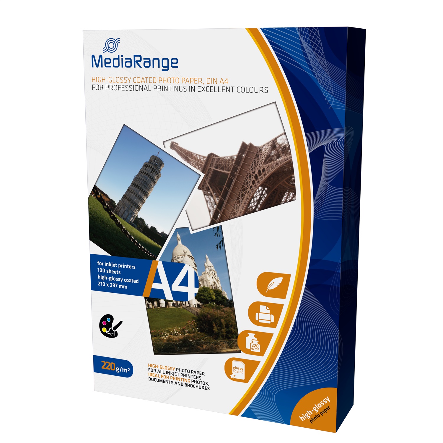 MediaRange MRINK103 Carta Fotografica Patinata Lucida A4 220g - 100 Fogli per Stampanti a Getto d'Inchiostro