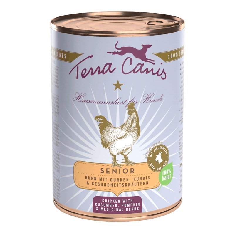 Terra Canis Senior Cibo Umido per Cani - Pollo con Cetriolo, Zucca ed Erbe Officinali - 400 g