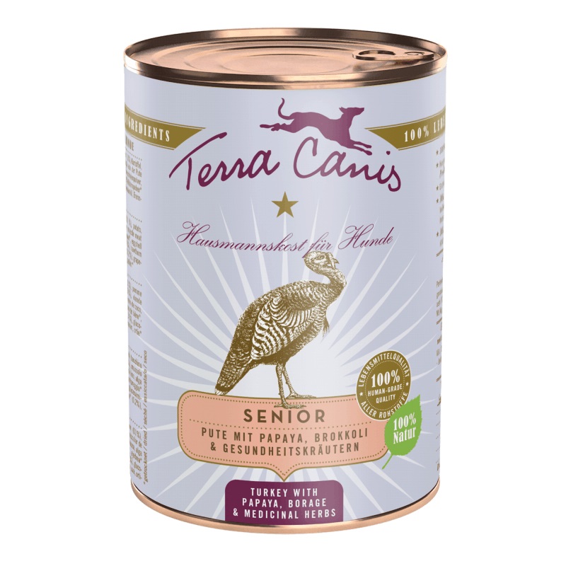 Terra Canis Senior Tacchino con Papaia, Borragine ed Erbe Officinali - Alimento Umido Completo per Cani Anziani - 400 g