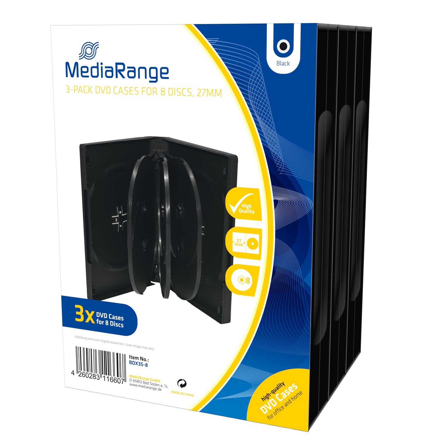 MediaRange BOX35-8 Custodia Jewel per 8 dischi CD/DVD Nera - Confezione da 3 pezzi con supporto a pulsante e pellicola trasparente