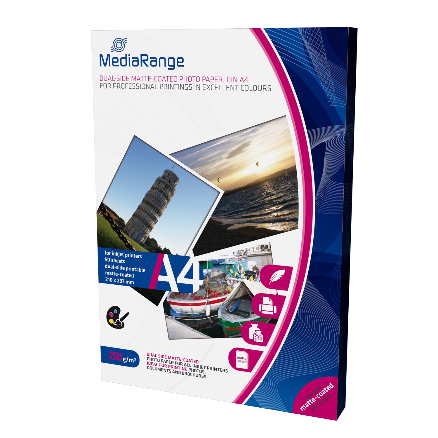 MediaRange MRINK112 Carta Fotografica A4 Premium Matte Opaca Doppio Lato Stampabile 250 g/m² 9600 DPI - Conf. 50 Fogli