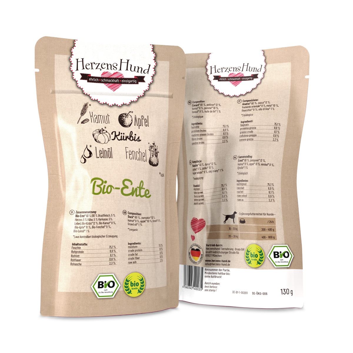 Herzens Hund Cibo Umido per Cani con Anatra Biologica e Verdure Bio - 130 g