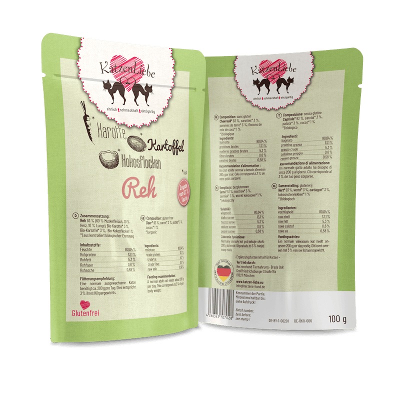 Katzen Liebe Cibo Umido Biologico per Gatti con Cervo e Patate - 100 g