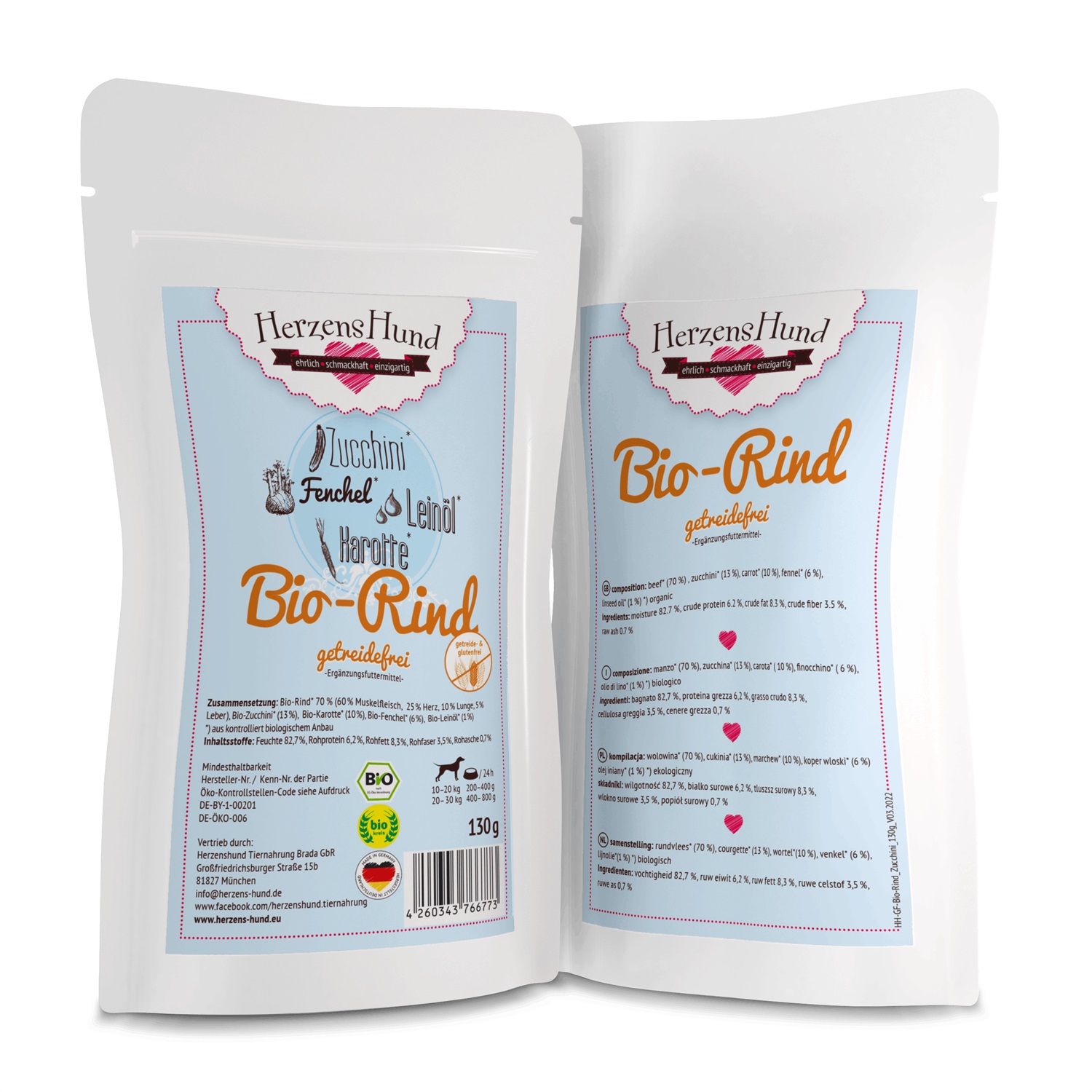 Herzens Hund Cibo Umido Biologico per Cani con Manzo e Zucchine Bio Senza Cereali - 130 g