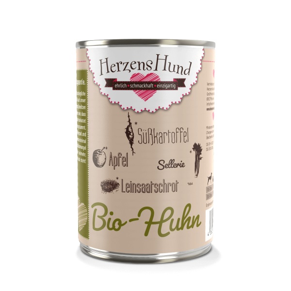 Herzens Hund Cibo Umido per Cani Pollo Biologico e Verdure Bio - 400 g, Senza Glutine e Additivi Chimici