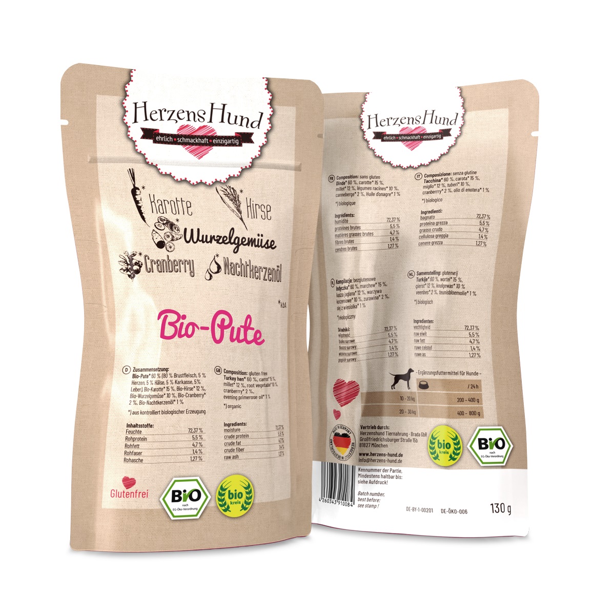 Herzens Hund Tacchino Biologico con Verdure Bio - Cibo Umido per Cani 130 g, Senza Glutine e Additivi Chimici