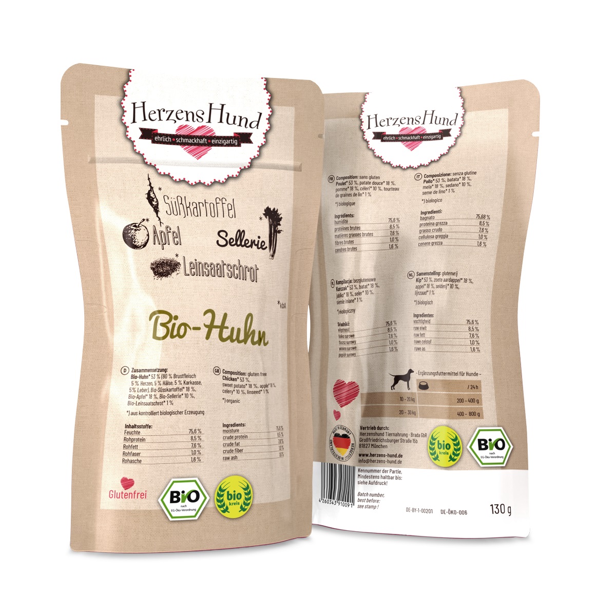 Herzens Hund Cibo Umido Biologico per Cani - Pollo e Verdure Bio, 130 g